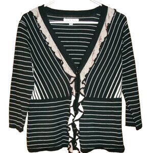 Cabi Womens Cardigan Black Tan Stripe Ruffled Flirt Size Medium Style 276